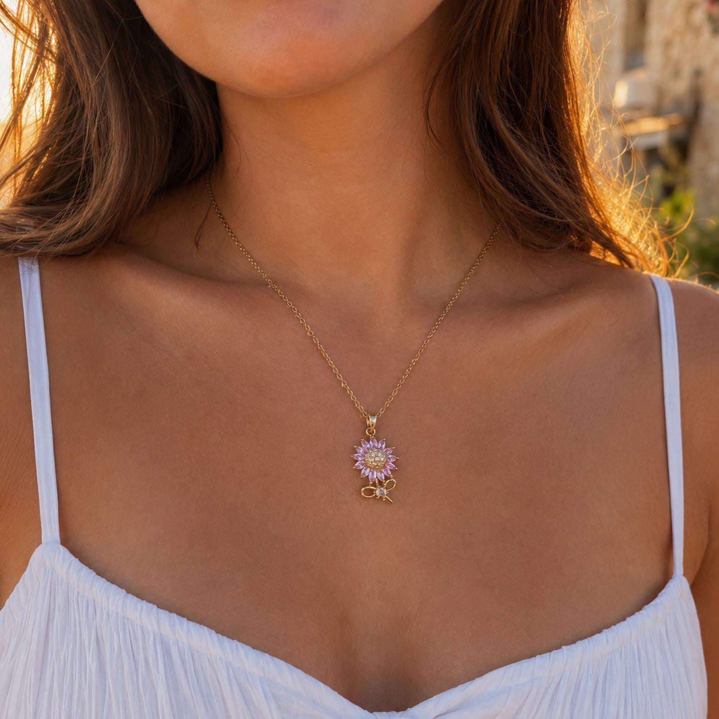 Pembe Kristal Ay Çiçeği 316L Çelik Kolye (Gold)