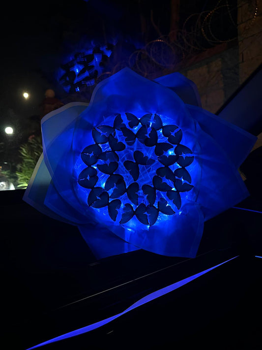 LED Işıklı Mavi Kelebek Buketi – Solmayan Yapay Çiçek Hediye