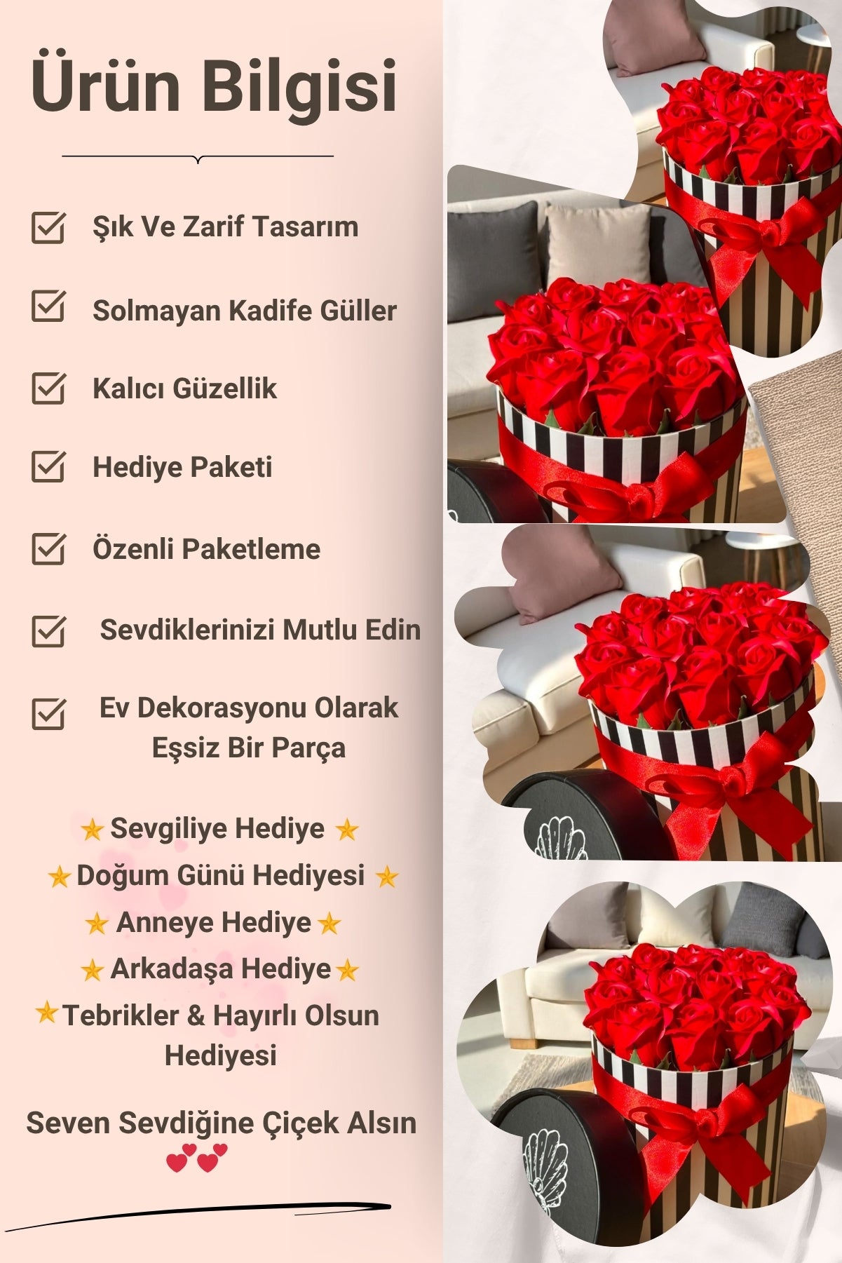 Sevdiklerinize Özel Hediyelik Gül Kutusu – Çizgili Kırmızı Kokulu Gül