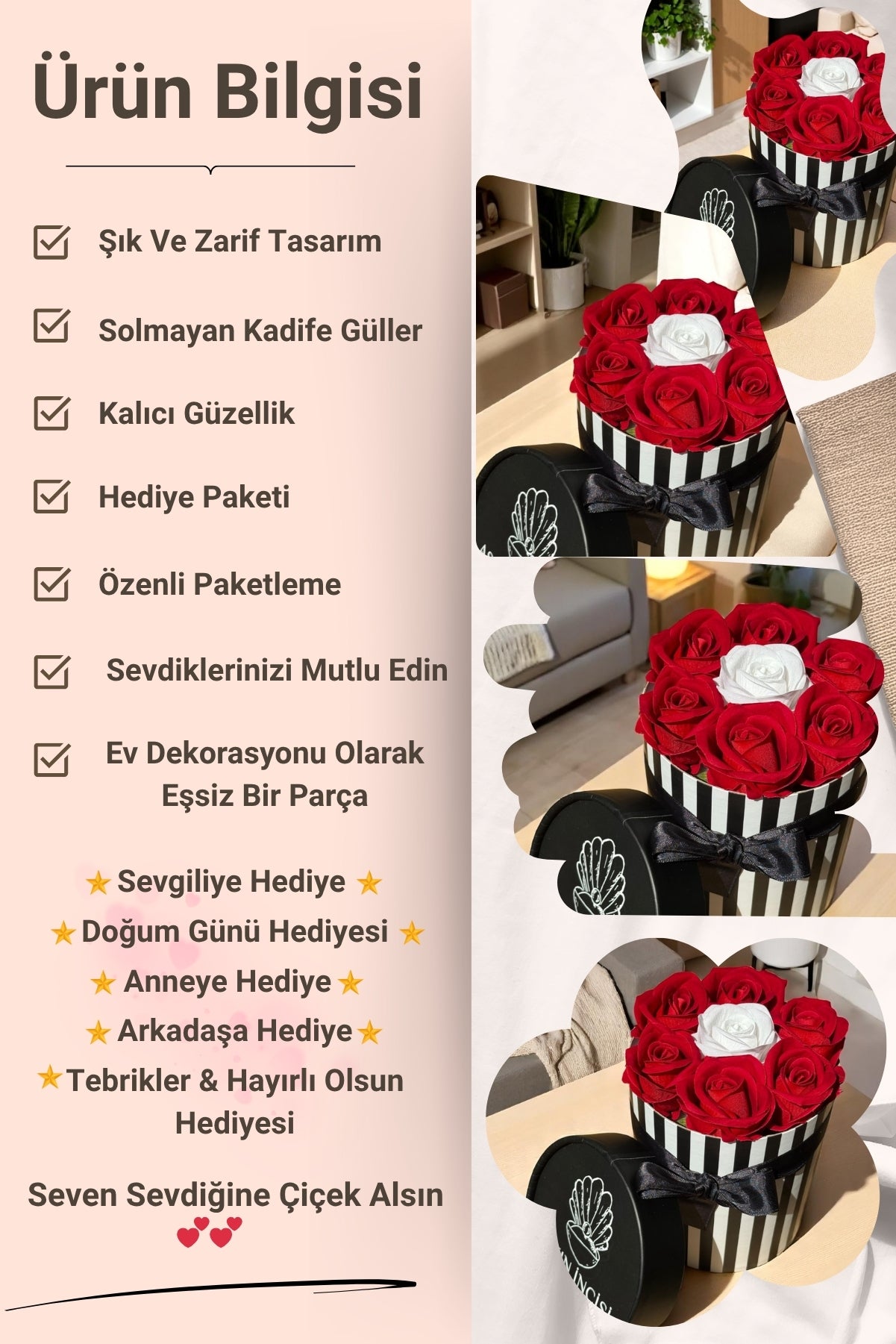 Sevgiliye Özel Hediyelik Gül Kutusu – Kırmızı & Beyaz Yapay Gül