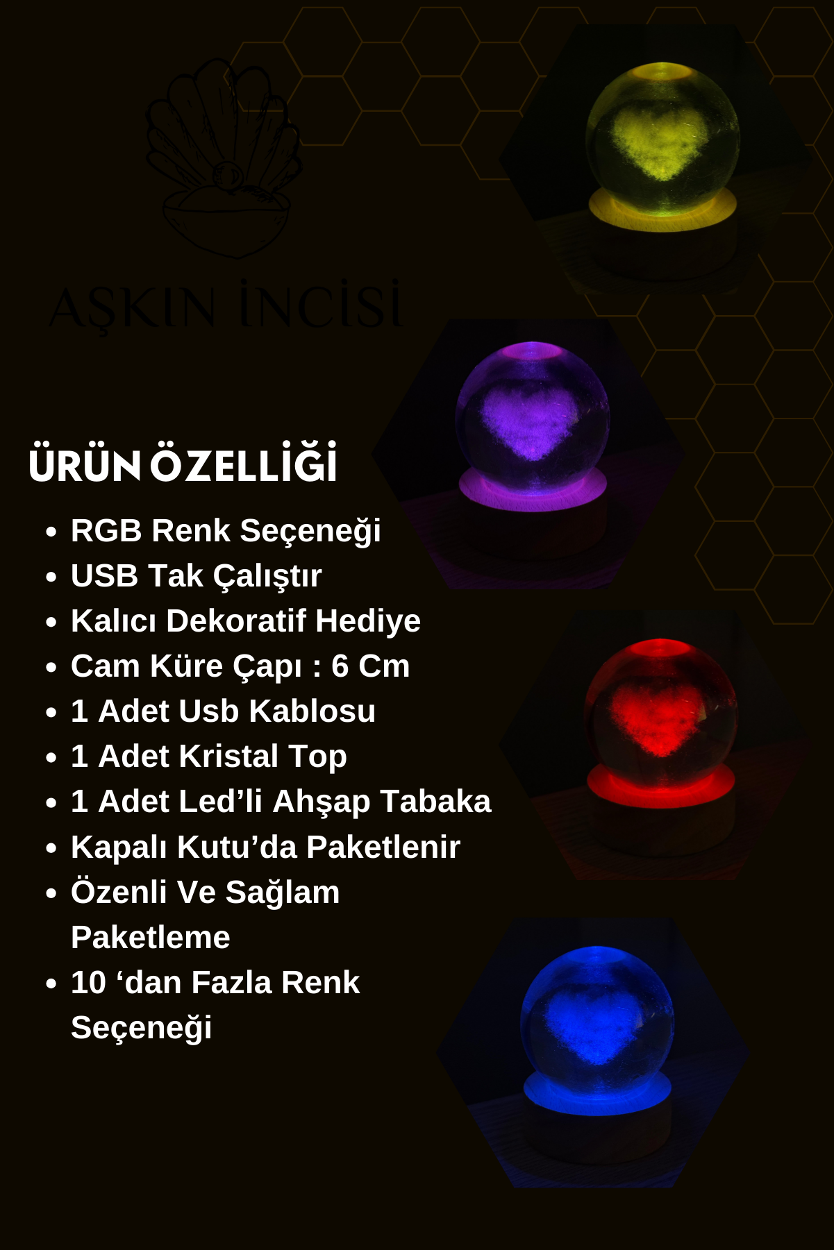 Renk Değiştiren RGB Led Işıklı Kalpli Kristal Gezegen Küre