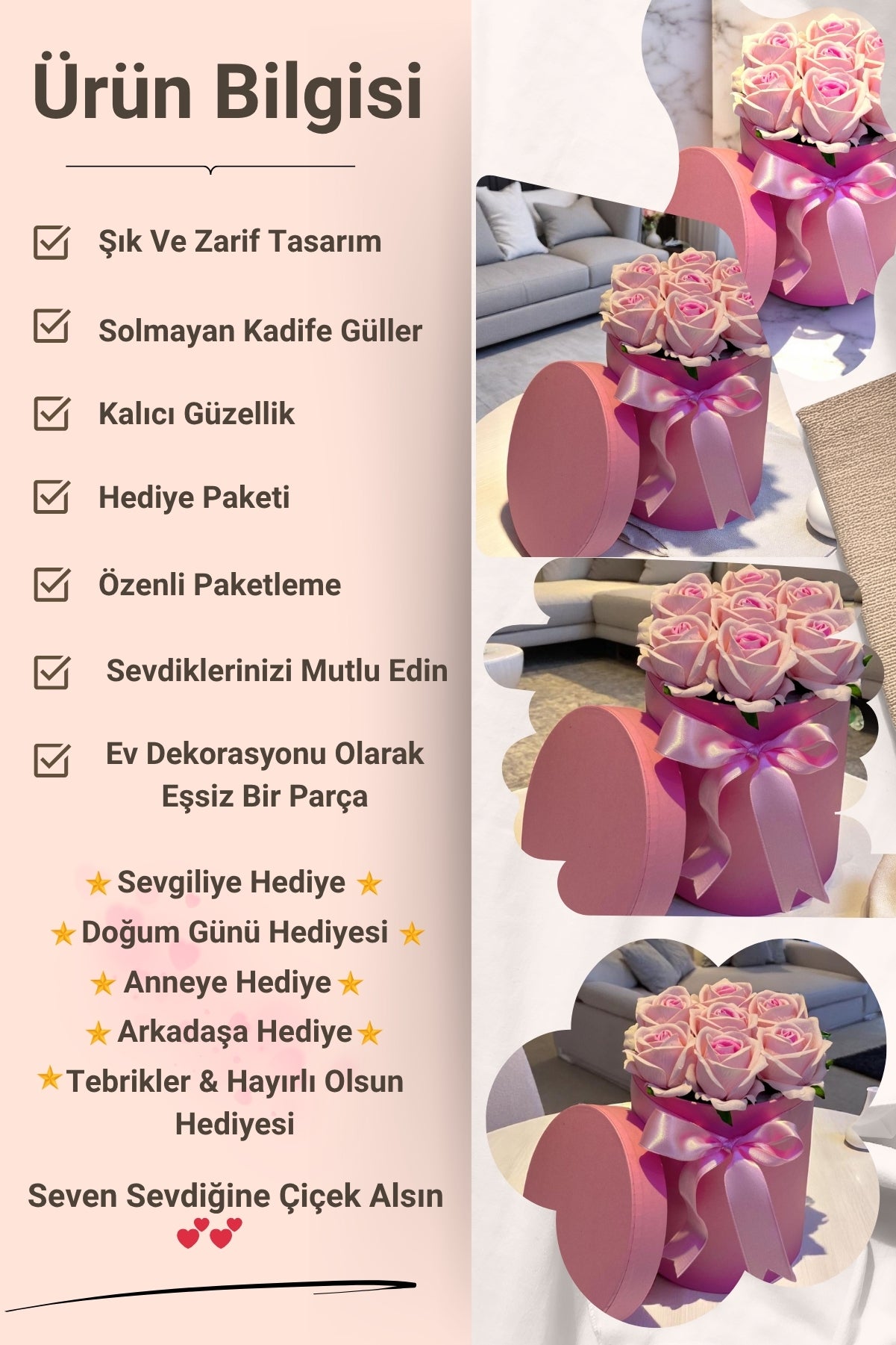 Sevgiliye Özel Hediyelik Gül Kutusu – Pembe Yapay Gül