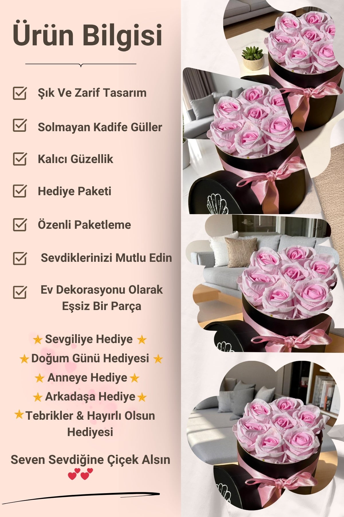 Sevgiliye Özel Hediyelik Gül Kutusu – Pembe Yapay Gül