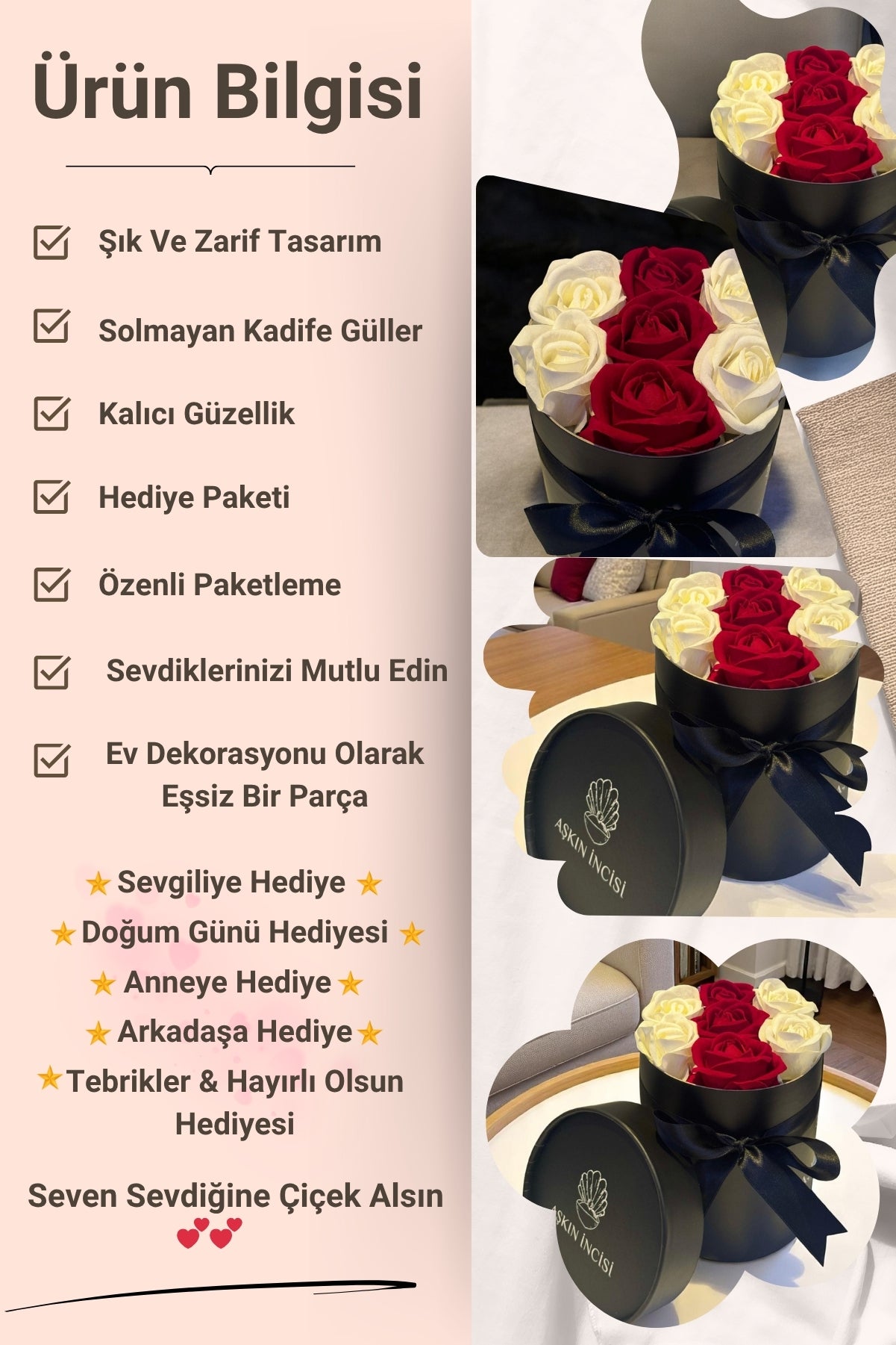 Sevgiliye Özel Hediyelik Gül Kutusu – Kırmızı & Beyaz Yapay Gül