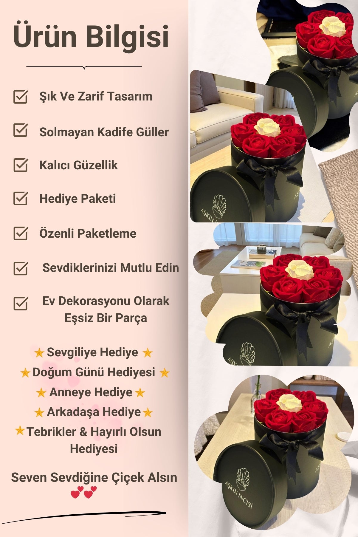 Sevgiliye Özel Hediyelik Gül Kutusu – Kırmızı & Beyaz Yapay Gül