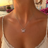 Pembe Kristal Taşlı Kelebek 316L Çelik Kolye (Gümüş)