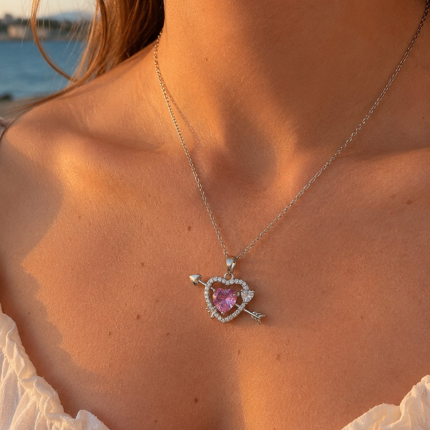 Pembe Taşlı Kalp & Eros Oku 316L Çelik Kolye (Gümüş)