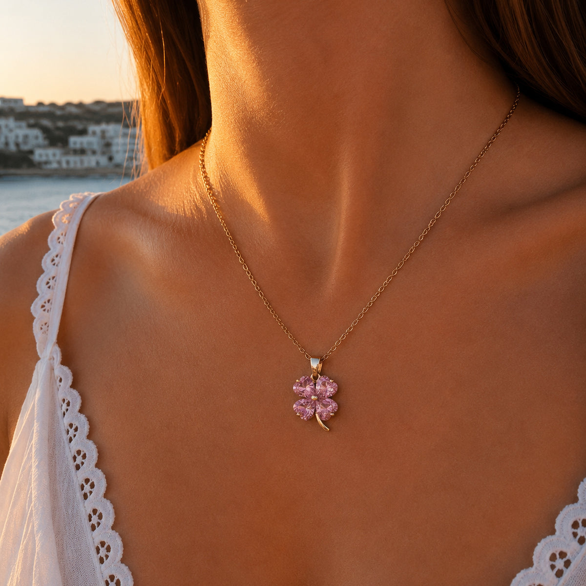 Pembe Kristal Şans Yoncası 316L Çelik Kolye (Gold)