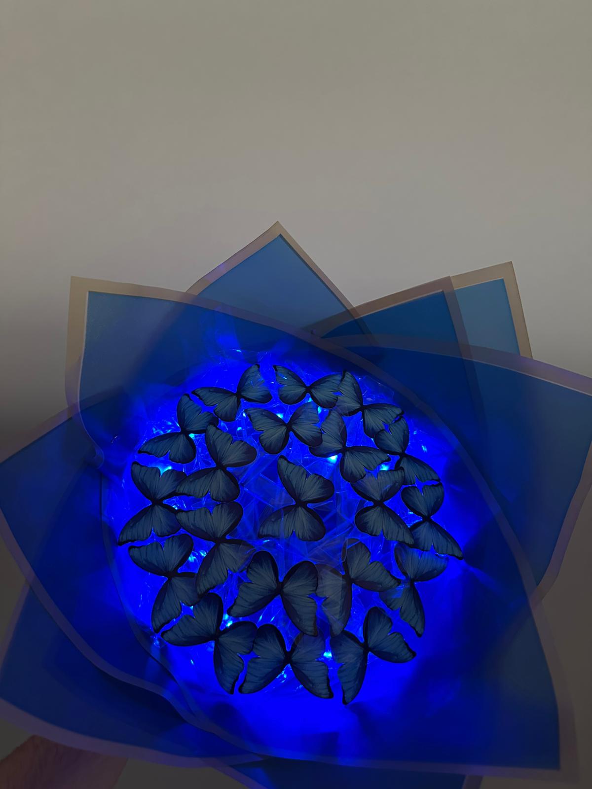 LED Işıklı Mavi Kelebek Buketi – Solmayan Yapay Çiçek Hediye