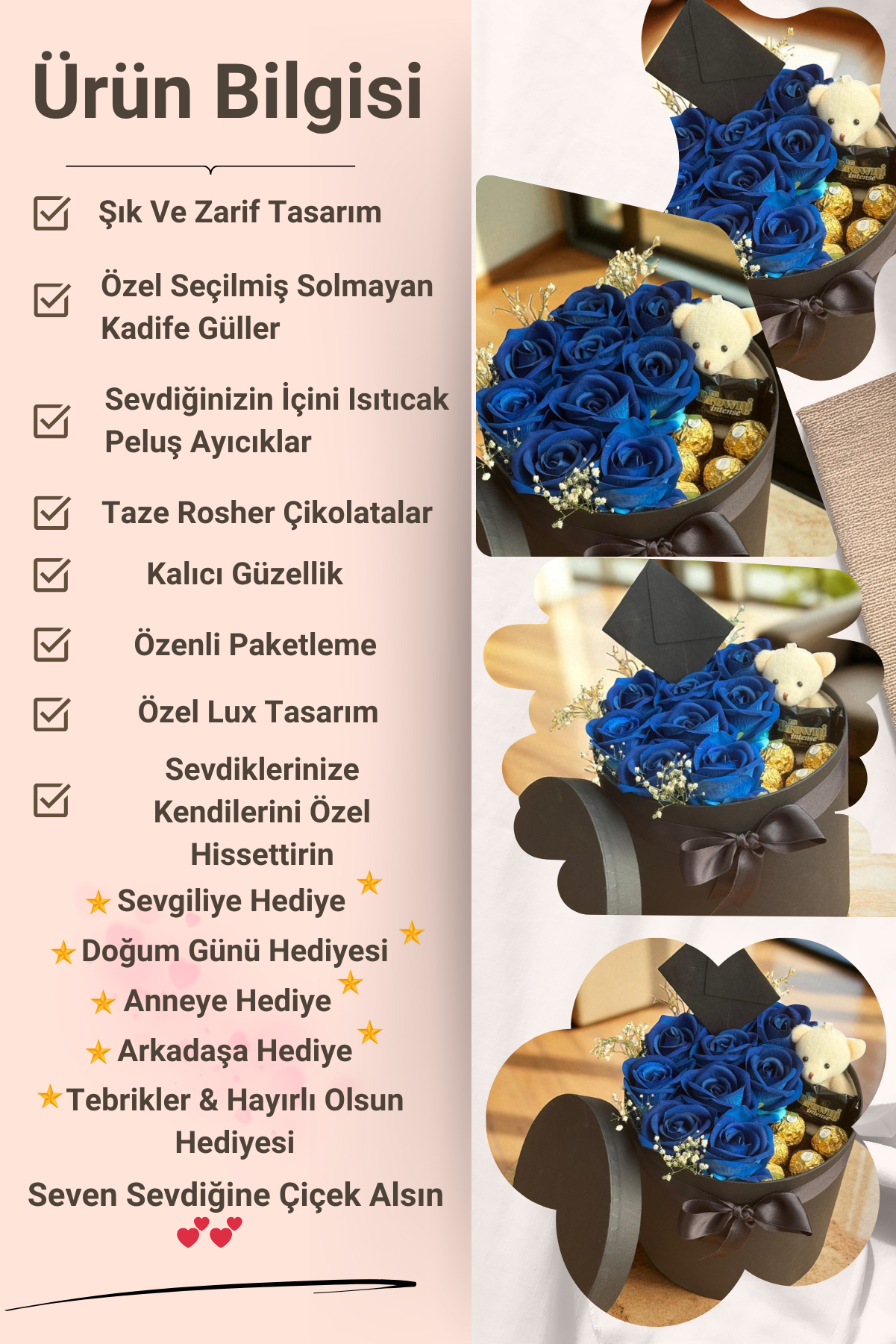 Romantik Lüks Mavi Gül Kutusu Büyük Boy – Peluş Ayıcık & Çikolata Detaylı